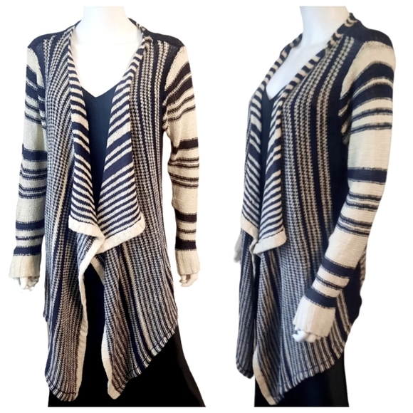 PRONTO Ribbon Knit Waterfall Front Convertible Striped Cardigan Sz M Navy/Ivory - Picture 1 of 8